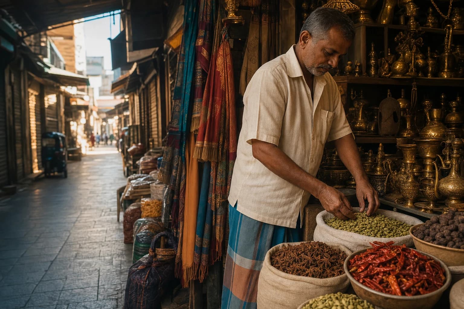 A Pettah market seller arranging brass goods and spices at his stall